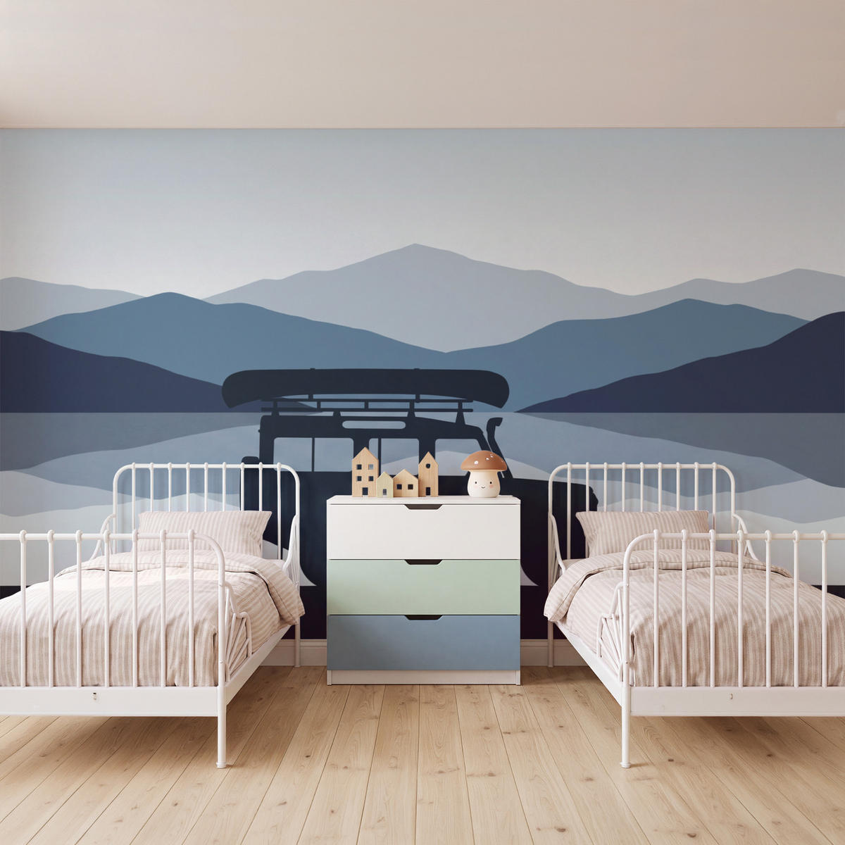 KINDERTAPETE - Auto - See - Berge - Blau - 450x260 cm - Blaugrau, Papier (450/260cm) - OnlyWow