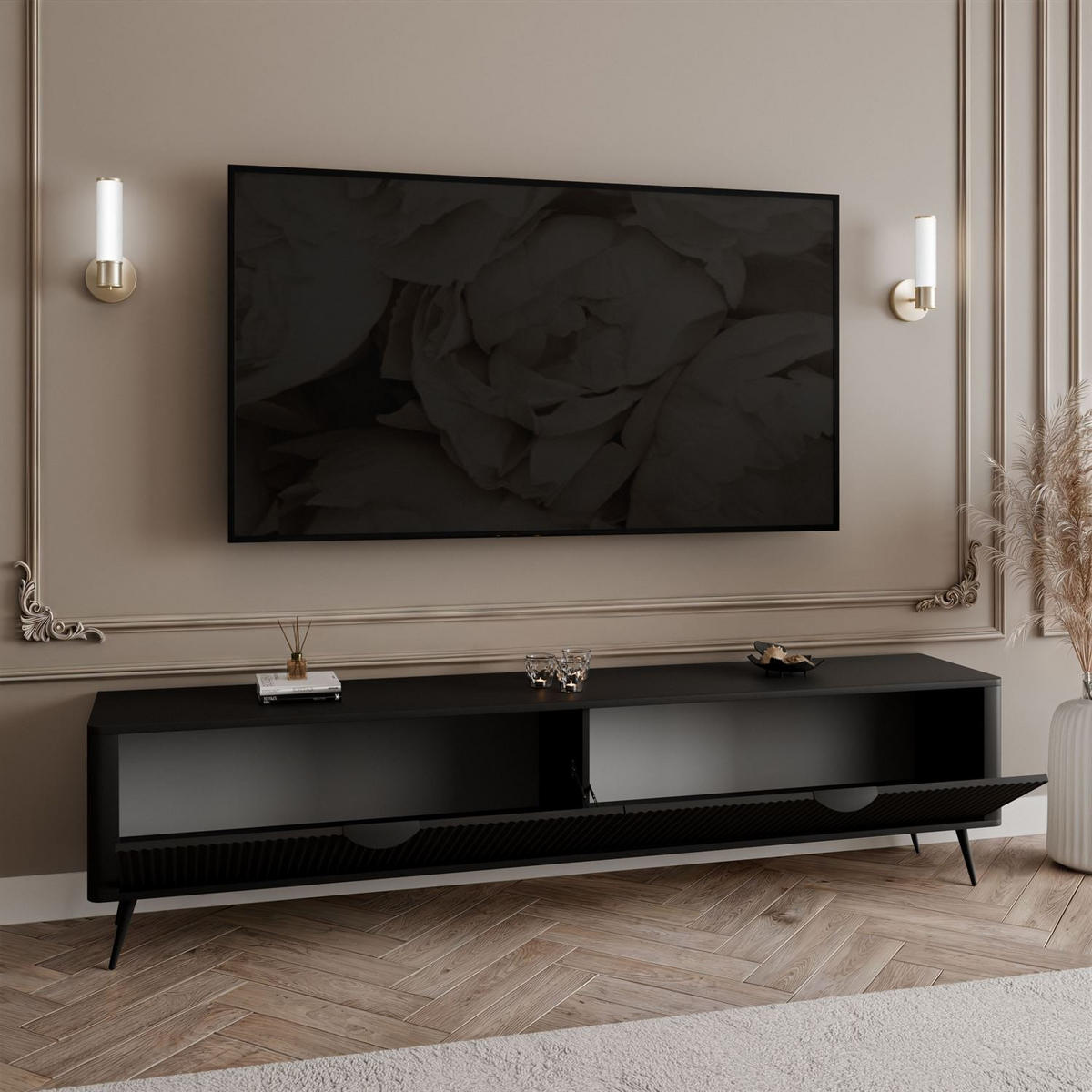 TV-ELEMENT SCARLETT 2D 200 CM AUF BEINEN SCHWARZ - Schwarz, Holzwerkstoff (200/51/38cm) - Lookway