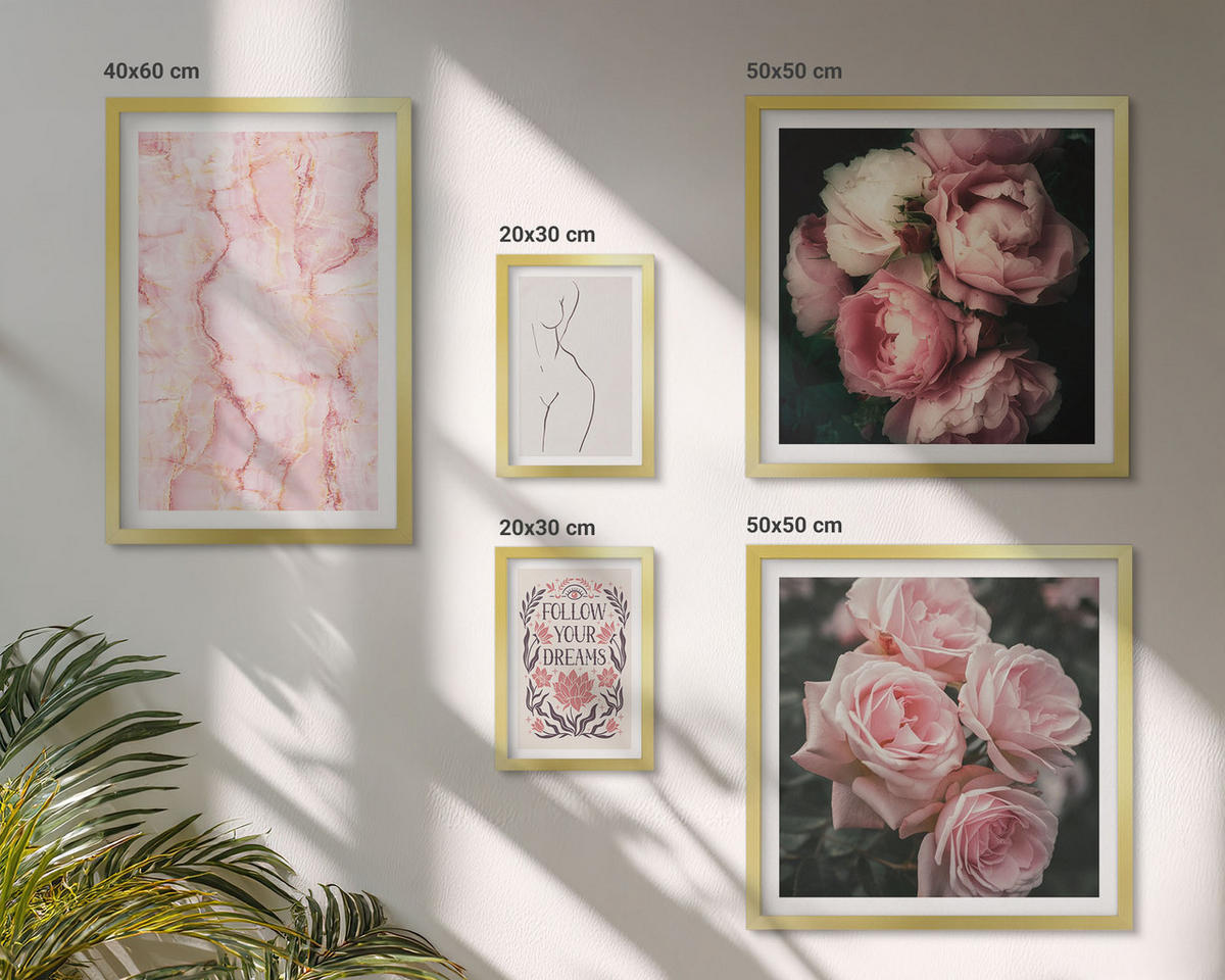 WANDBILDER 5er Set - 50x50 cm & 20x30 cm & 40x60 cm Goldrahmen - Vintage-Rosen-Marmorträume - Goldfarben, Kunststoff (40/60cm) - ArtPrintCave