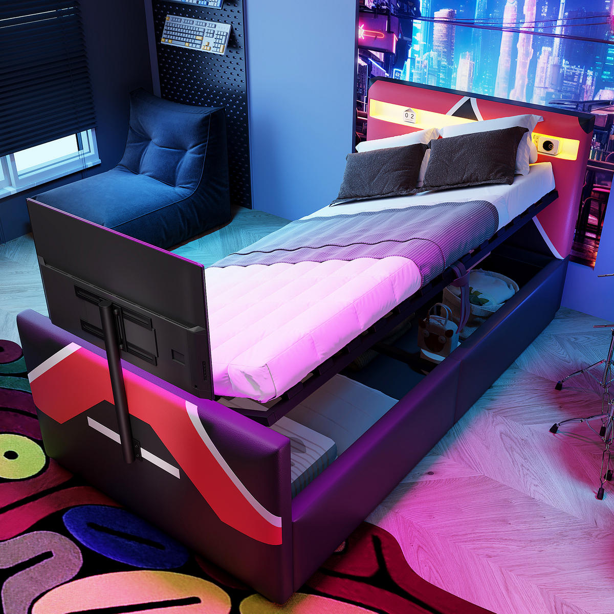 POLSTERBETT 90/200 cm Schwarz mit LED-Beleuchtung mit Stauraum und TV-Halterung PU-Leder - Schwarz, Kunststoff (90/200cm) - OKWISH