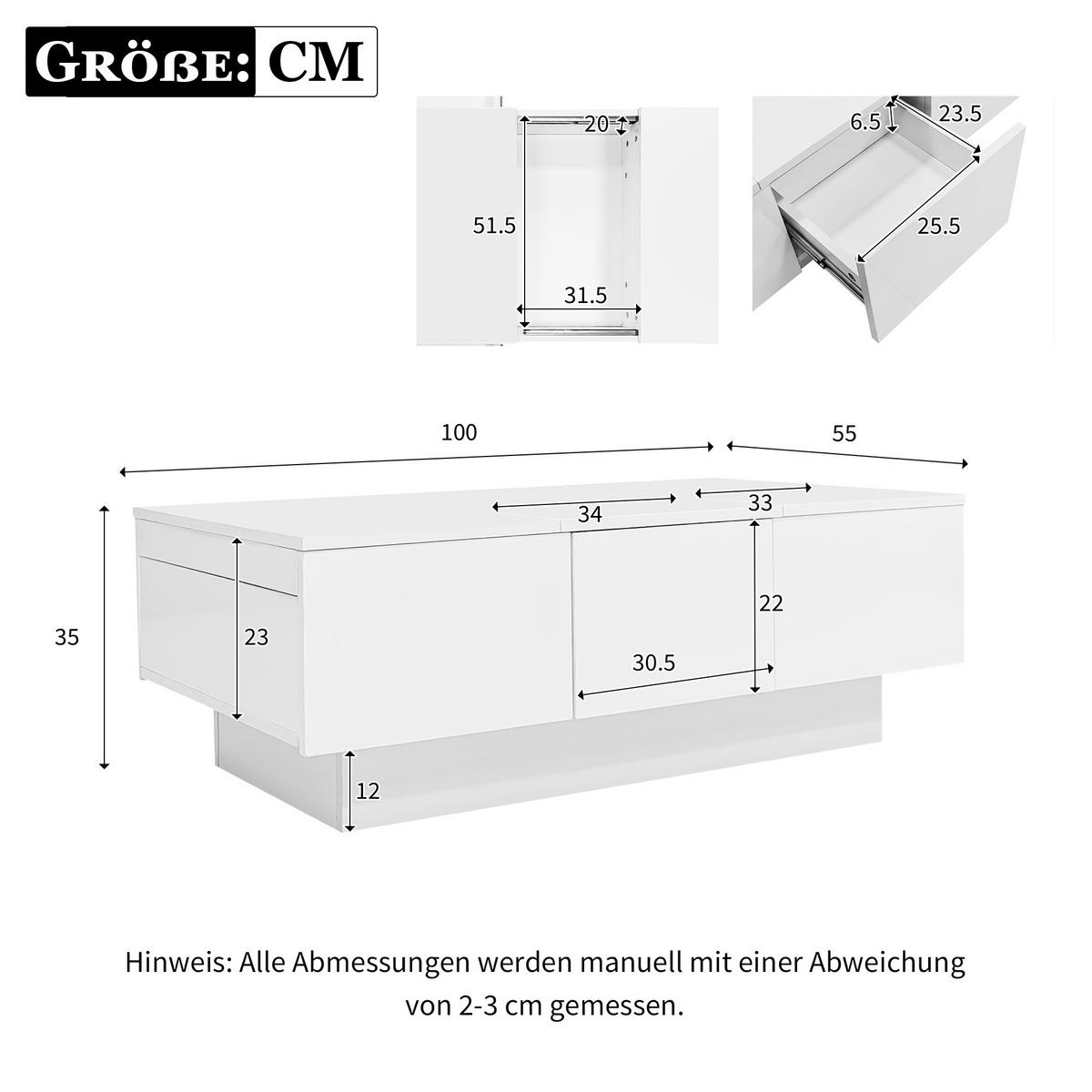 COUCHTISCH Weiß Hochglanz mit Stauraum und Schubladen - Weiß, Holzwerkstoff/Metall (55/100/35cm) - Urban Meuble