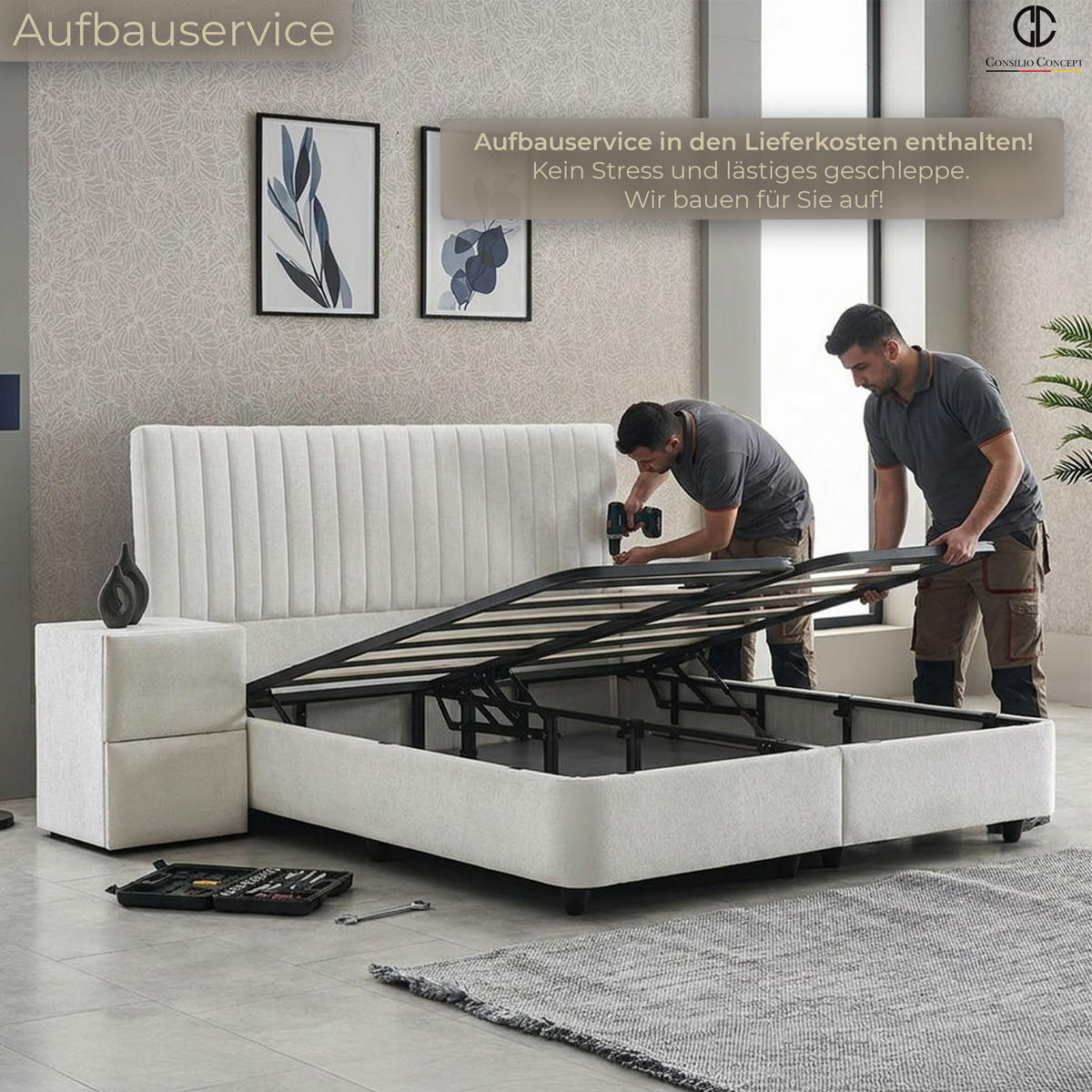 BOXSPRINGBETT MIT BETTKASTEN LYON 90/200 cm, Ivory, Bettkasten, Matratze, Topper integriert, H3 mittel - Creme/Schwarz, Holz/Kunststoff (90/200cm) - Consilio Concept