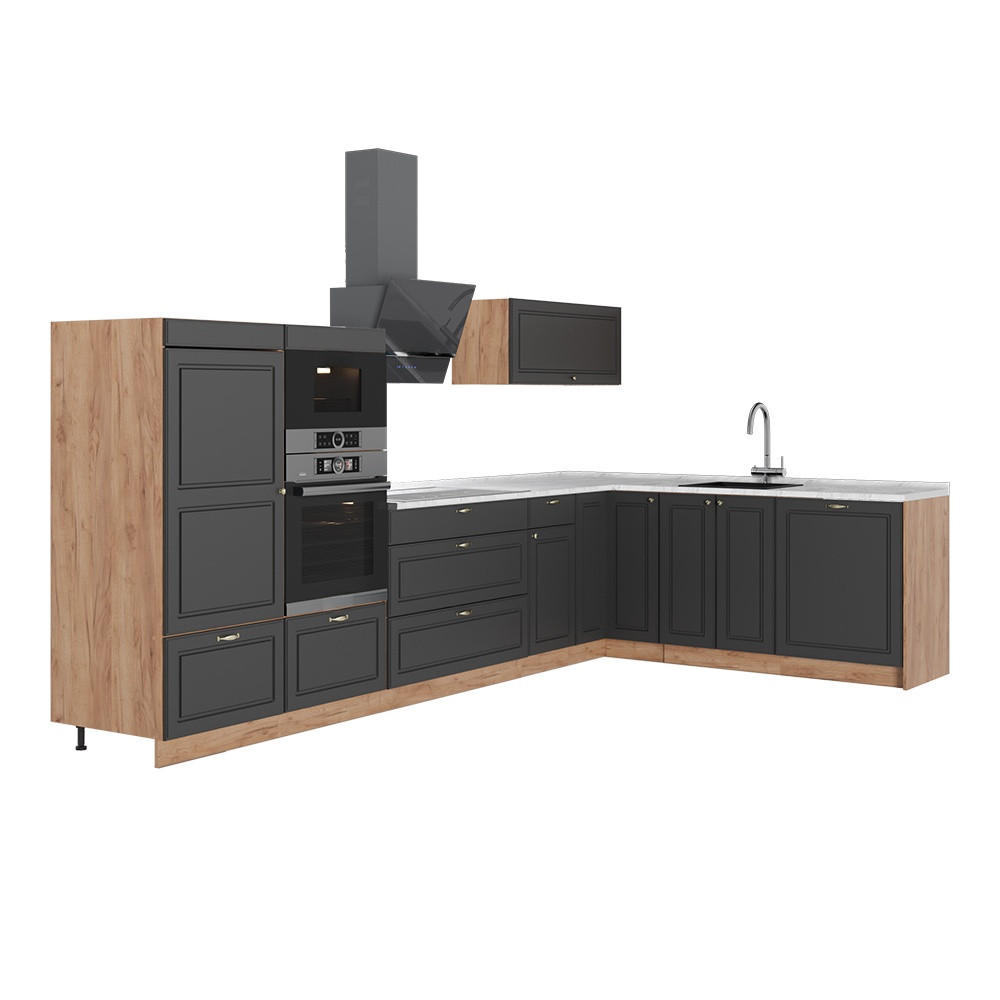 ROHOVÁ KUCHYŇA Fame-Line, Antracitovo-zlatý vidiecky dom/Dub Goldkraft, 347 x 207 cm, AP Marble - dub medový/antracitová, kompozitné drevo (347/153.6/60cm) - Vicco