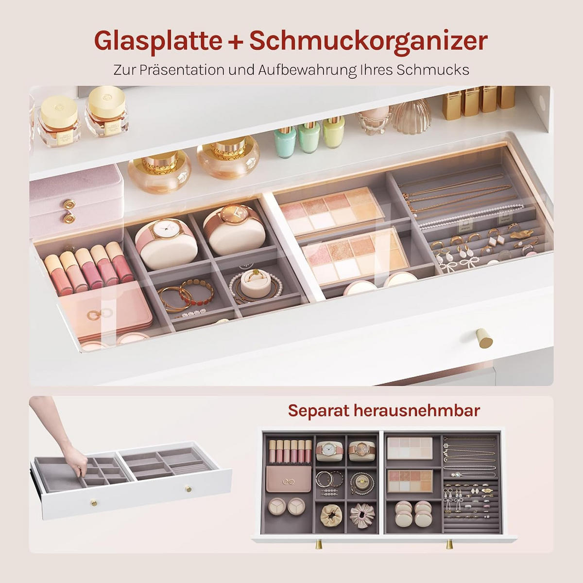 SCHMINKTISCH mit RGB- und LED-Beleuchtung Weiß - Weiß, Glas/Holzwerkstoff (104/136/40cm) - Woltu