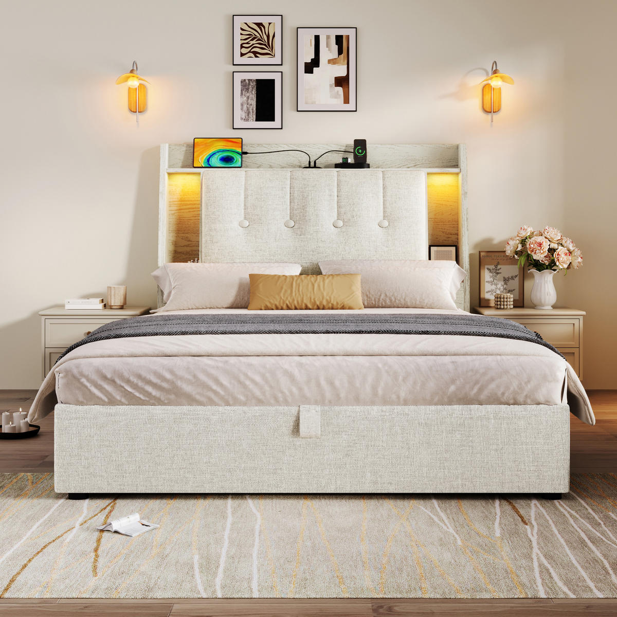 POLSTERBETT 90/200 cm mit LED-Beleuchtung, USB-C und Bettkasten in Beige - Beige, Textil (90/200cm) - BEAOK