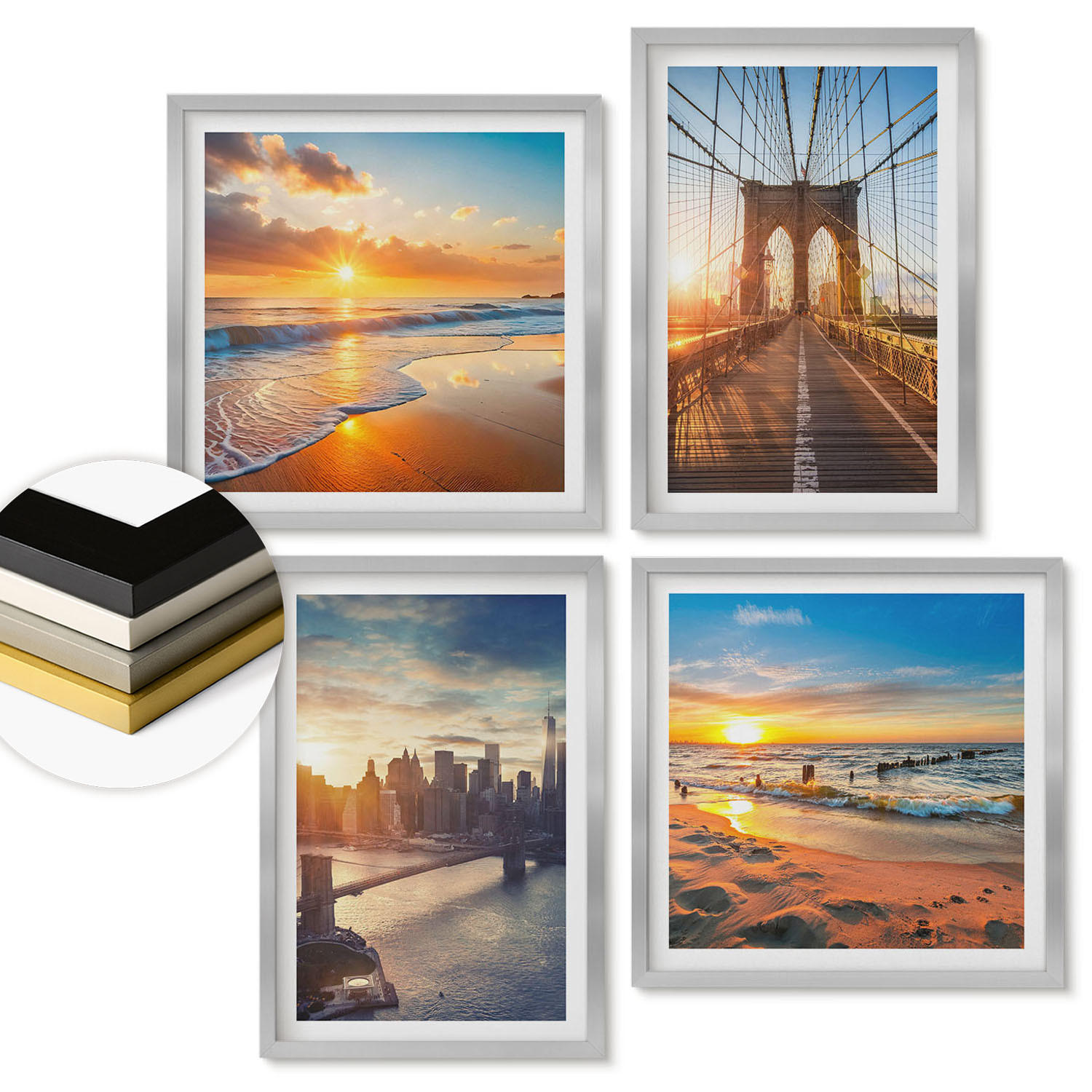 WANDBILDER 4er Set - 50x50 cm & 40x60 cm Silberner Rahmen - Brücken, Sonnenuntergänge, Stadt - Silberfarben, Kunststoff (50/50cm) - ArtPrintCave