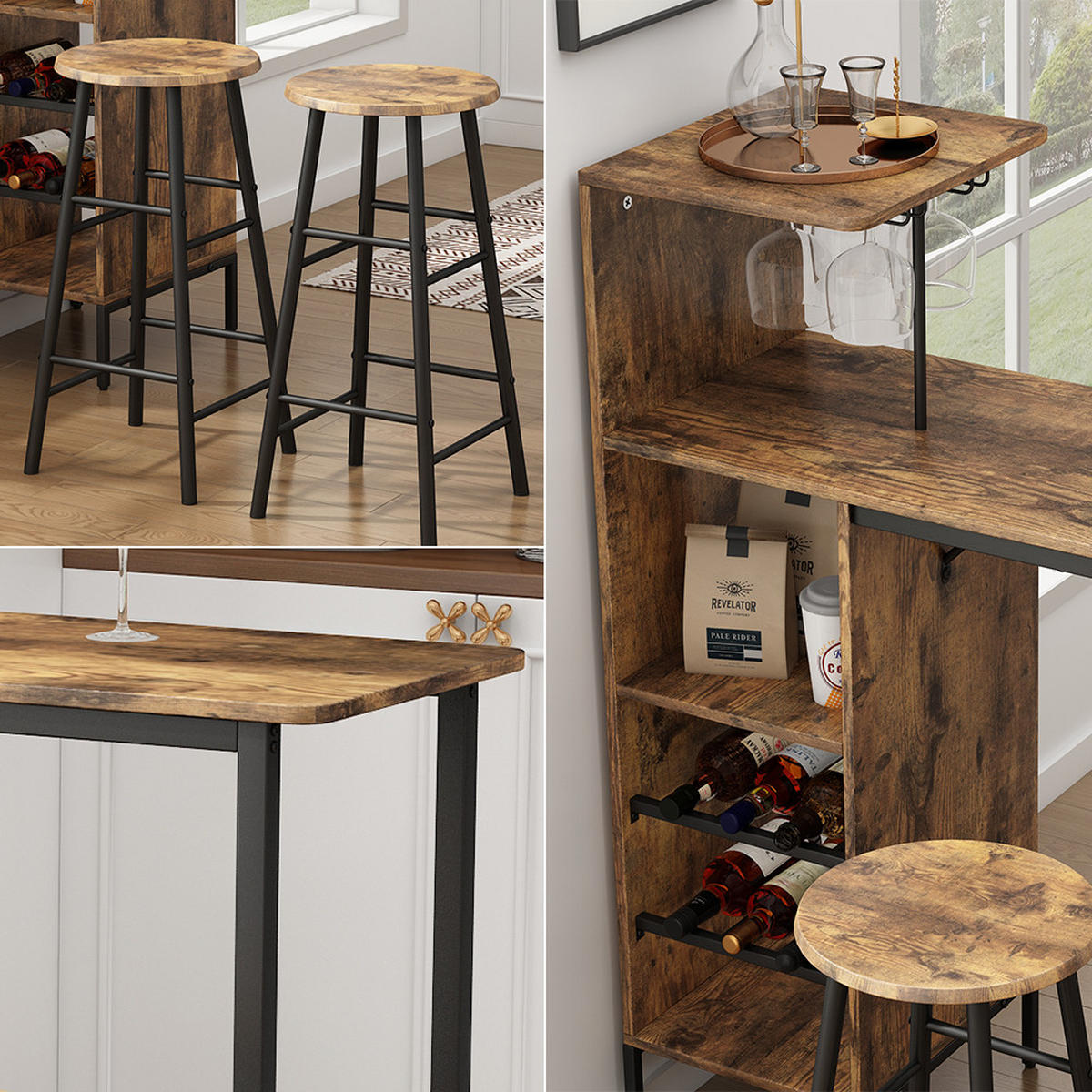 BARTISCH-SET Fyrk Schwarz/Eiche rustikal 121.5 x 40 cm mit 2 Hocker - Wildeiche/Schwarz, Holzwerkstoff (121.5/120/40cm) - Vicco
