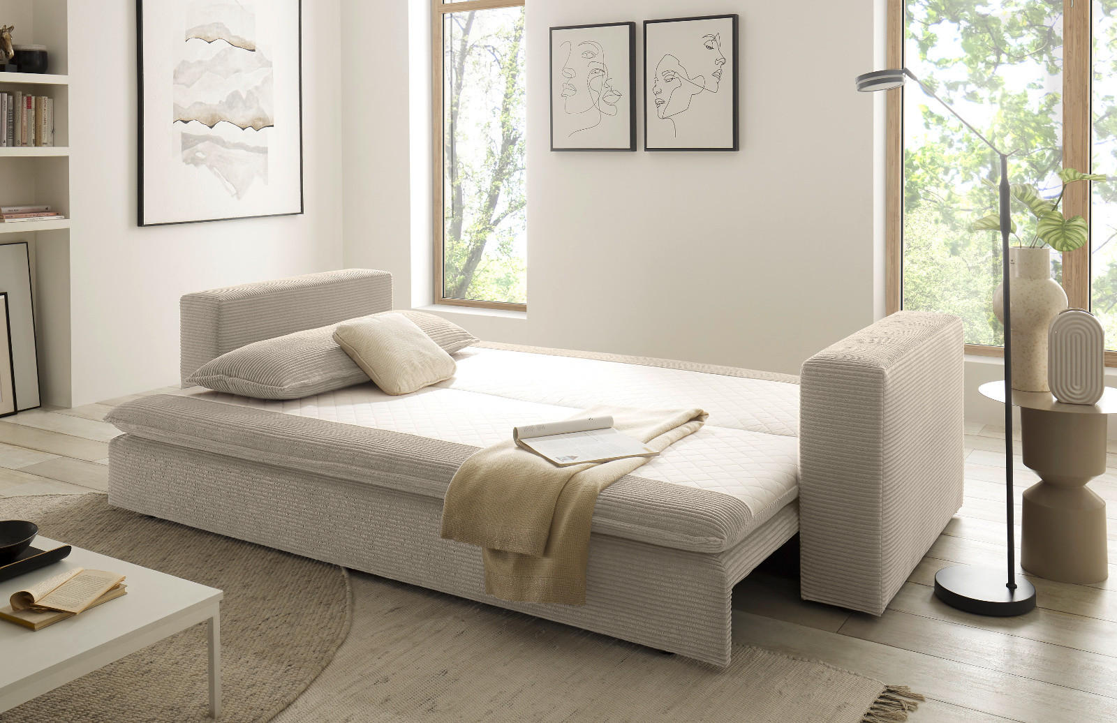 SCHLAFSOFA beige Cord, Sofa 3-Sitzer mit Bettfunktion 244 cm - Beige, Holz/Textil (244/83/91cm) - Furn.Design
