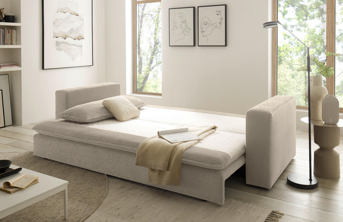 SCHLAFSOFA beige Cord, Sofa 3-Sitzer mit Bettfunktion 244 cm - Beige, Holz/Textil (244/83/91cm) - Furn.Design