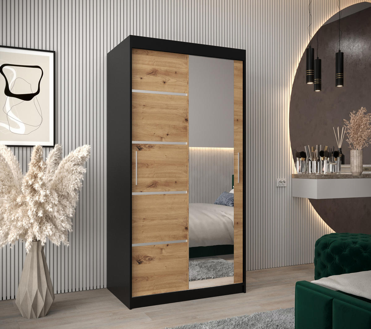 SCHWEBETÜRENSCHRANK 200/100/62 2-türig - Silberfarben/Schwarz, Holz/Kunststoff (100/200/62cm) - MÖBEL KRYSPOL