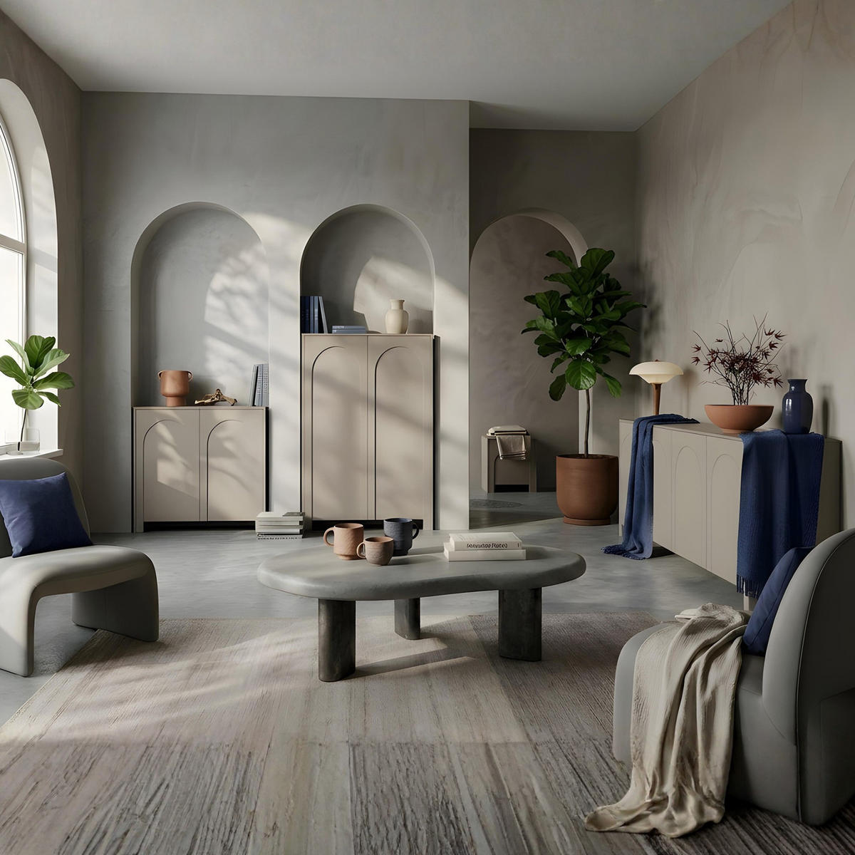 HIGHBOARD Amaro, Hochkommode mit 2 Türen, gefrästen Bogenfronten, Push-to-Open, Kaschmir - Kaschmir, Holzwerkstoff (103/119/35cm) - Beautysofa