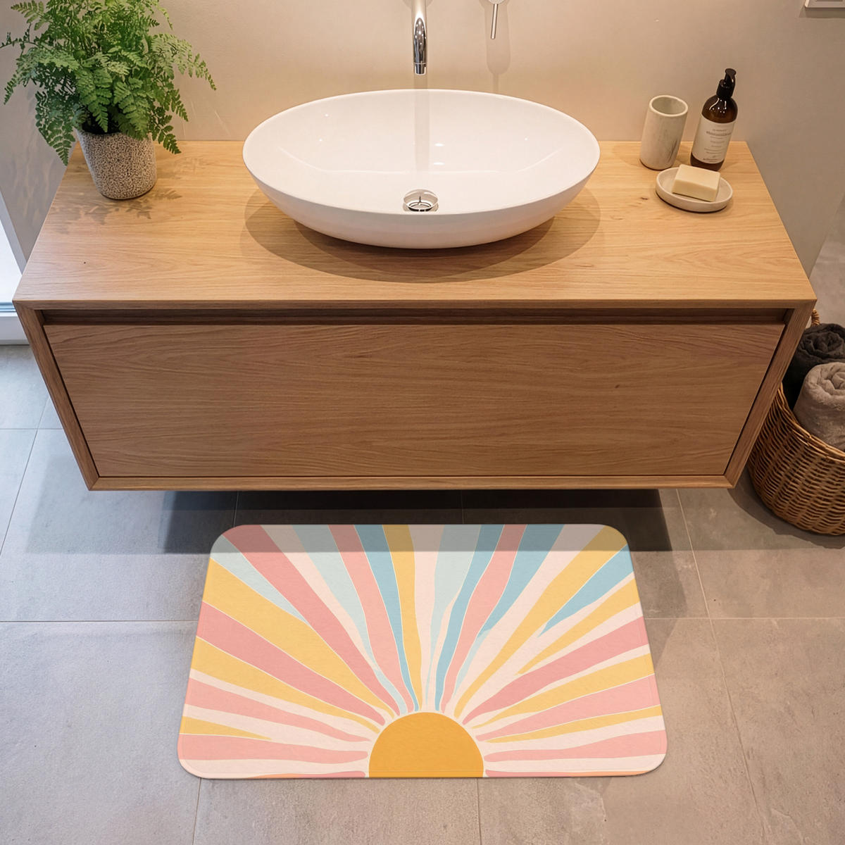 BADEMATTE Illustration - Sonne - Pastellfarben 80x50 cm - Pastellblau, Kunststoff/Textil (80/50cm)