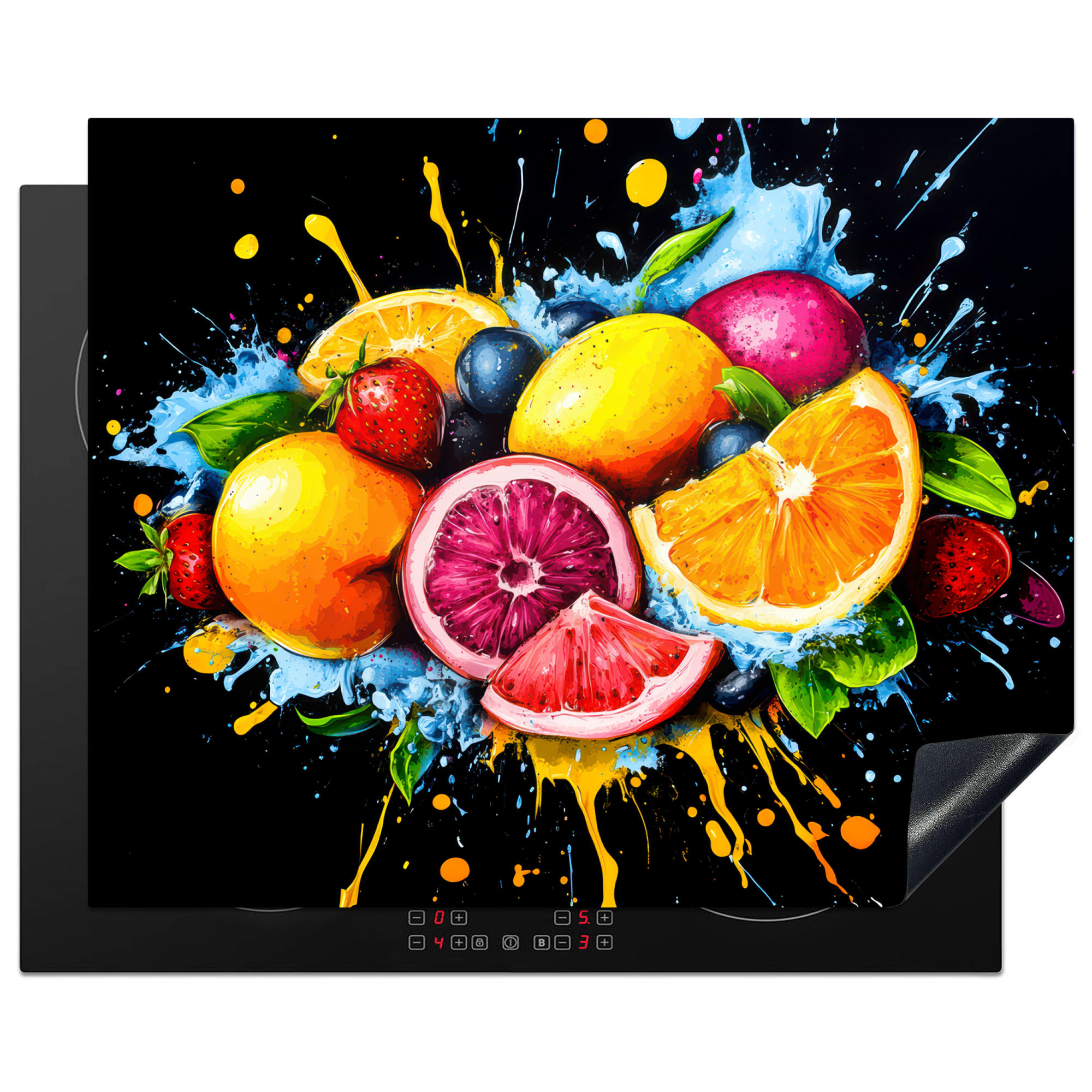 HERDABDECKPLATTE Obst - Graffiti - Bunt - Orange - Erdbeere - Abstrakt 65x52 cm - Orange, Kunststoff (65/0.2/52cm) - MuchoWow