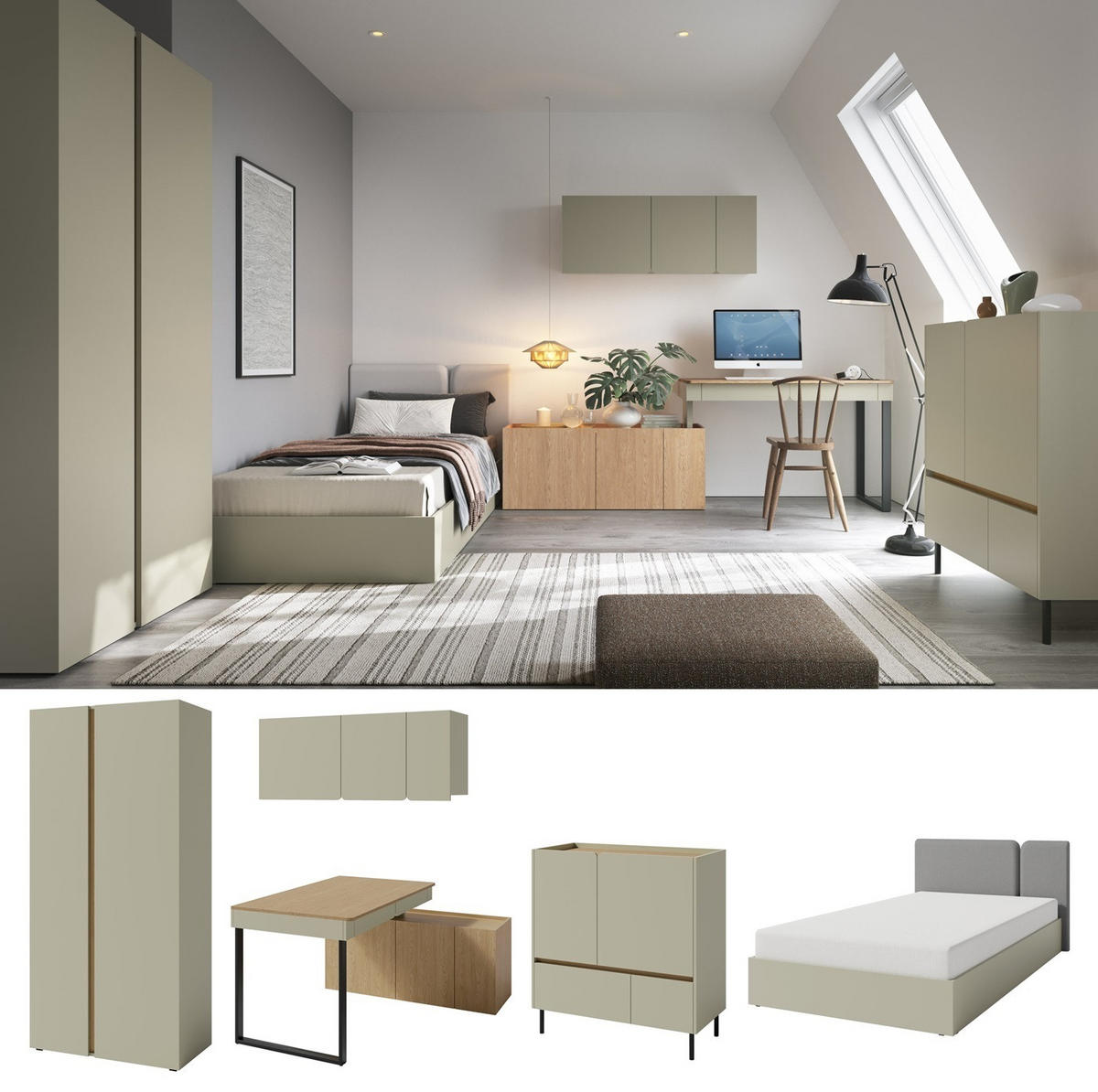 JUGENDZIMMER Laris Set A mit Bett 120 x 200 - Eukalyptus / Eiche Baltic Dune - Eukalyptusholzfarben/Eichefarben, Holzwerkstoff/Metall (120/88/200cm) - QMM TraumMöbel