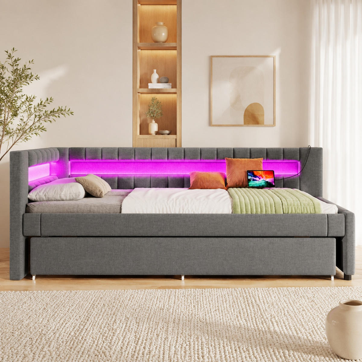 POLSTERBETT 90/200 mit Ausziehfunktion, LED-Lichtleiste mit App-Steuerung und USB-/Type-C-Anschlüssen in Grau - Grau, Holzwerkstoff/Textil (90/200cm) - EVRYAE