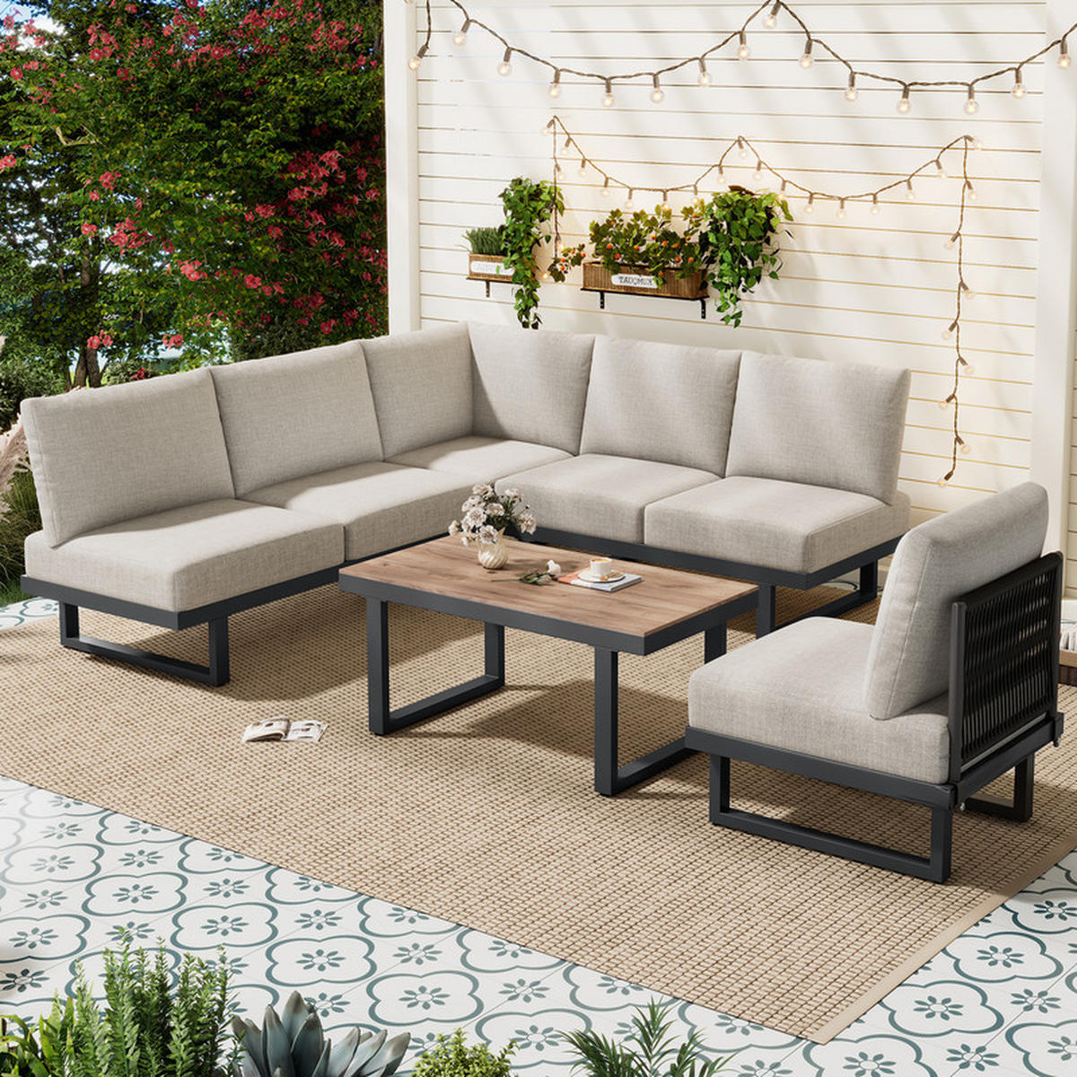 GARTENLOUNGESET GRAUBEIGE mit umwandelbarem Relaxbett und Couchtisch - Beige, Textil - BLACKCUP