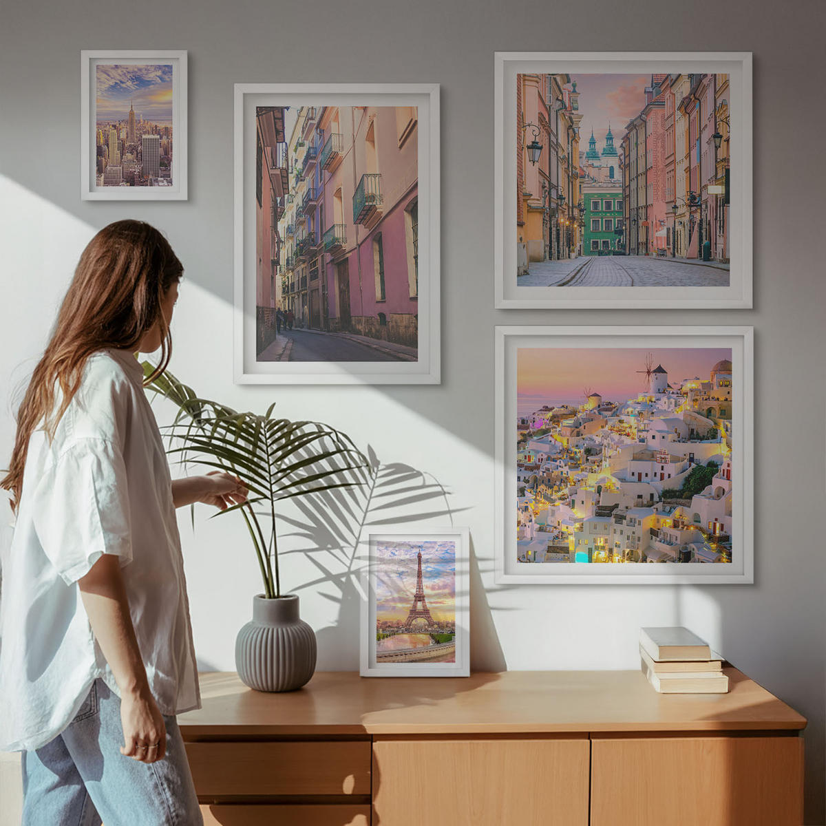 WANDBILDER 5er-Set - 50x50 cm & 20x30 cm & 40x60 cm Weißer Rahmen - New York Paris Oia Warschau Dämmerung - Weiß, Kunststoff (40/60cm) - ArtPrintCave