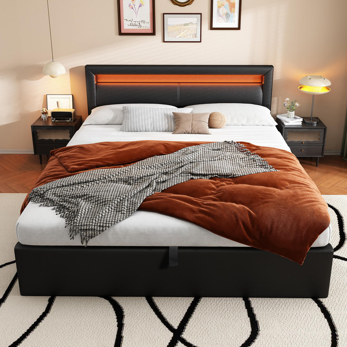 POLSTERBETT 140x190 LED Lattenrost Stauraum Schwarz - Schwarz, Leder - FLIEKS