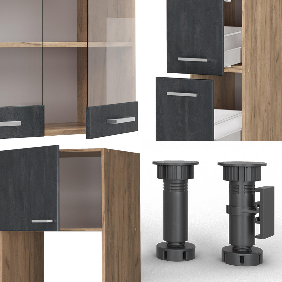 KÜCHENZEILE R-Line Schwarz Beton/Goldkraft Eiche 350 cm ohne AP - Eiche Wotan/Schwarz, Holzwerkstoff (350/81.6/46cm) - Vicco