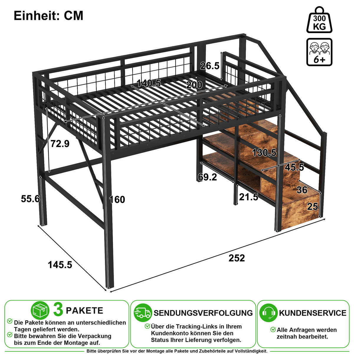 HOCHBETT 140/200 cm in Schwarz mit LED und Stauraum - Schwarz, Holzwerkstoff/Metall (140/200cm) - CHICFURN