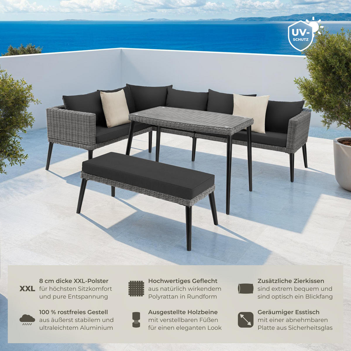 RATTANLOUNGE Pula,mit Sicherheitsglasplatte,grau - Grau, Kunststoff/Metall - tectake