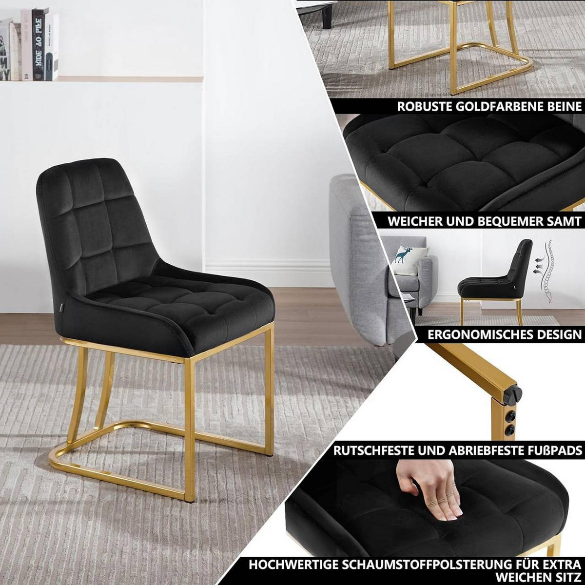 ESSZIMMERSTUHL 2er Set Beine in Bogenform, Samt, Schwarz - Goldfarben/Schwarz, Kunststoff/Textil (47.5/84/57.5cm) - Woltu