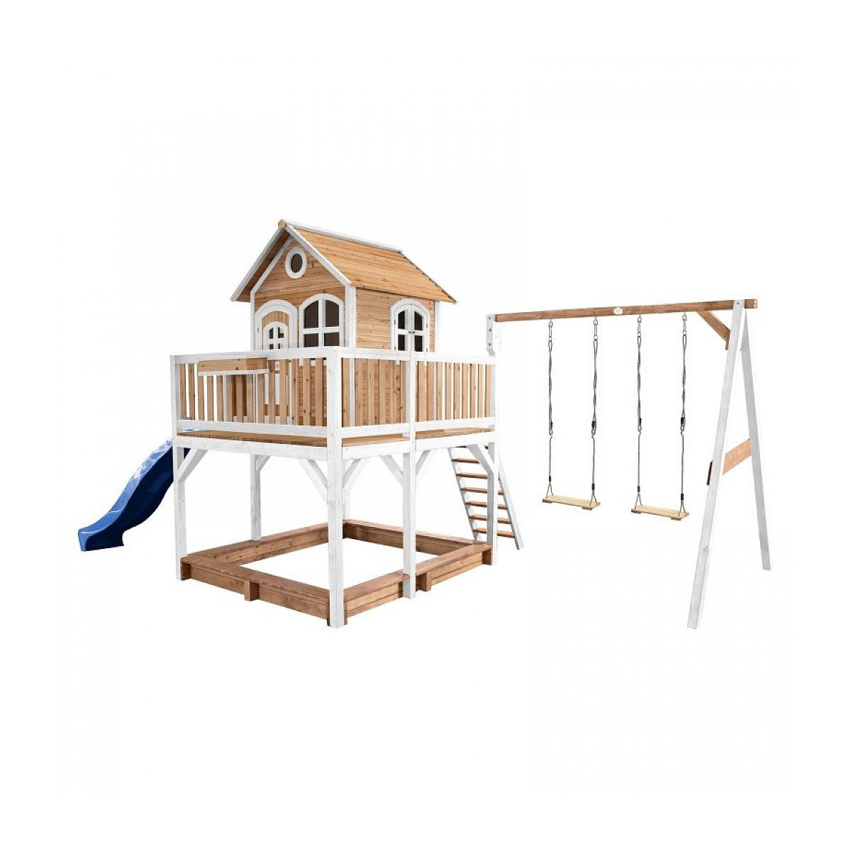 SPIELHAUS Maisonette Liam Brown White mit 2 Schaukeln und blauer Rutsche und Sandkasten - Weiß, Holz (613/291/277cm) - Axi House