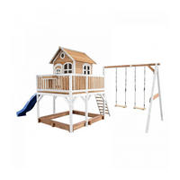 SPIELHAUS Maisonette Liam Brown White mit 2 Schaukeln und blauer Rutsche und Sandkasten - Weiß, Holz (613/291/277cm) - Axi House