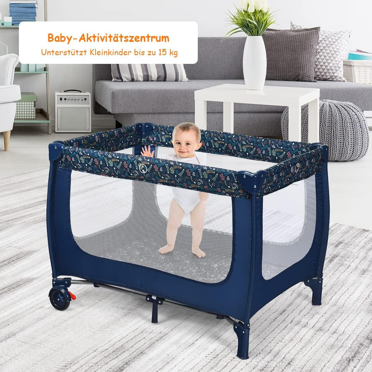 BABYBETT 2 in 1 Reisebett klappbar Blau - Blau, Textil - COSTWAY