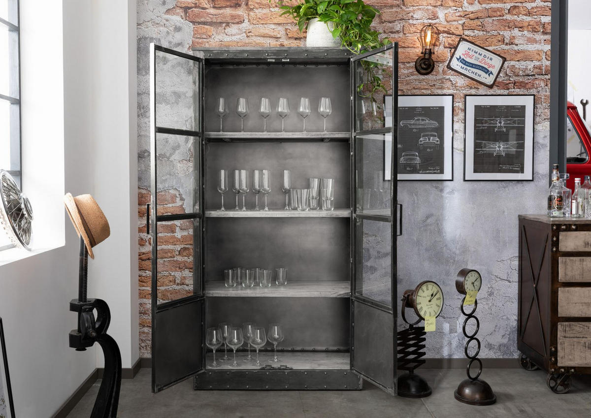 VITRINE Mango 92x40x185 grau lackiert HEAVY INDUSTRY #143 - Grau, Holz (92/185/40cm) - Massivmoebel24