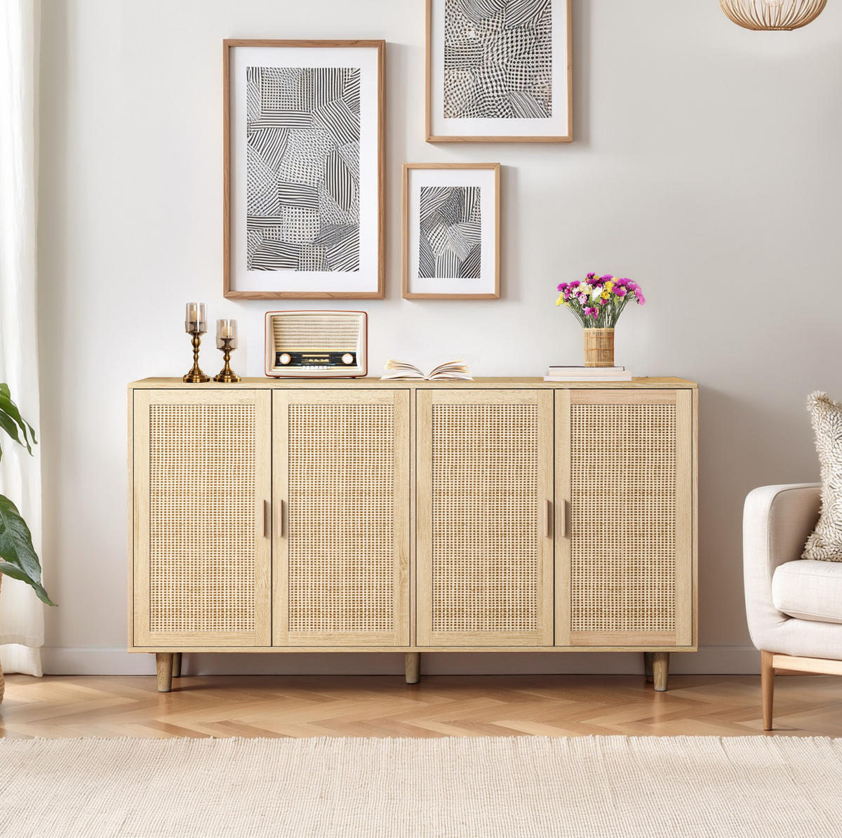 SIDEBOARD 158/40/88 cm aus Spanplatte mit 4 Rattantüren und verstellbarem Einlegeboden, Natur - Naturfarben, Holzwerkstoff (158/88/40cm) - Redom