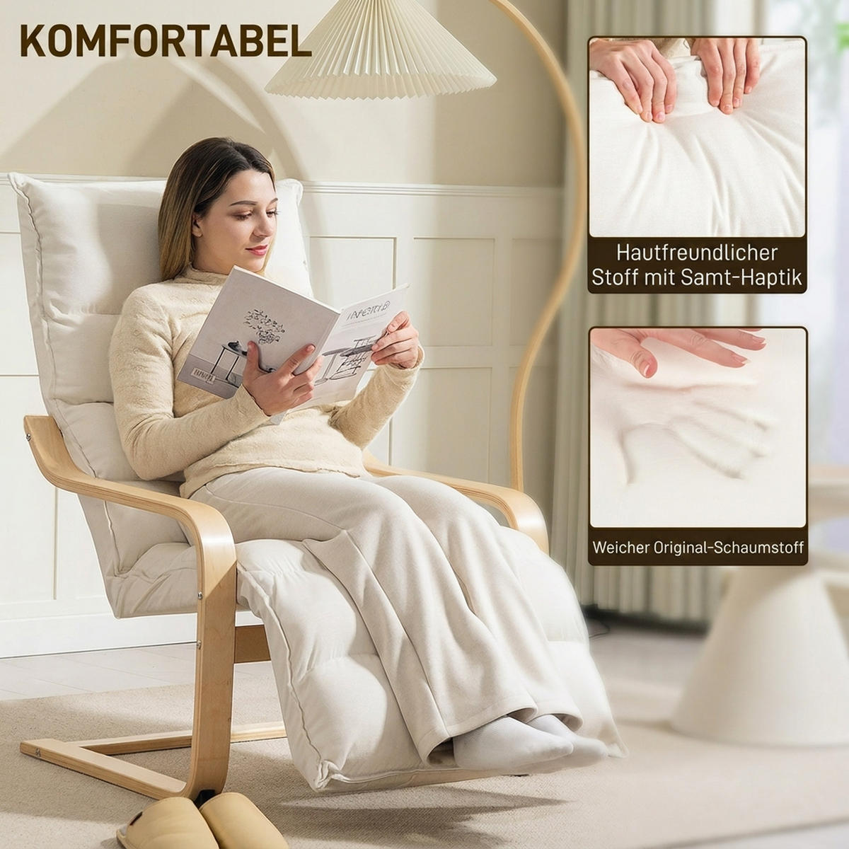 LOUNGE-SESSEL Polyester Birkenlaminat Cremeweiß - Creme/Naturfarben, Holz/Birkenholz (67/105/114cm) - HOMCOM
