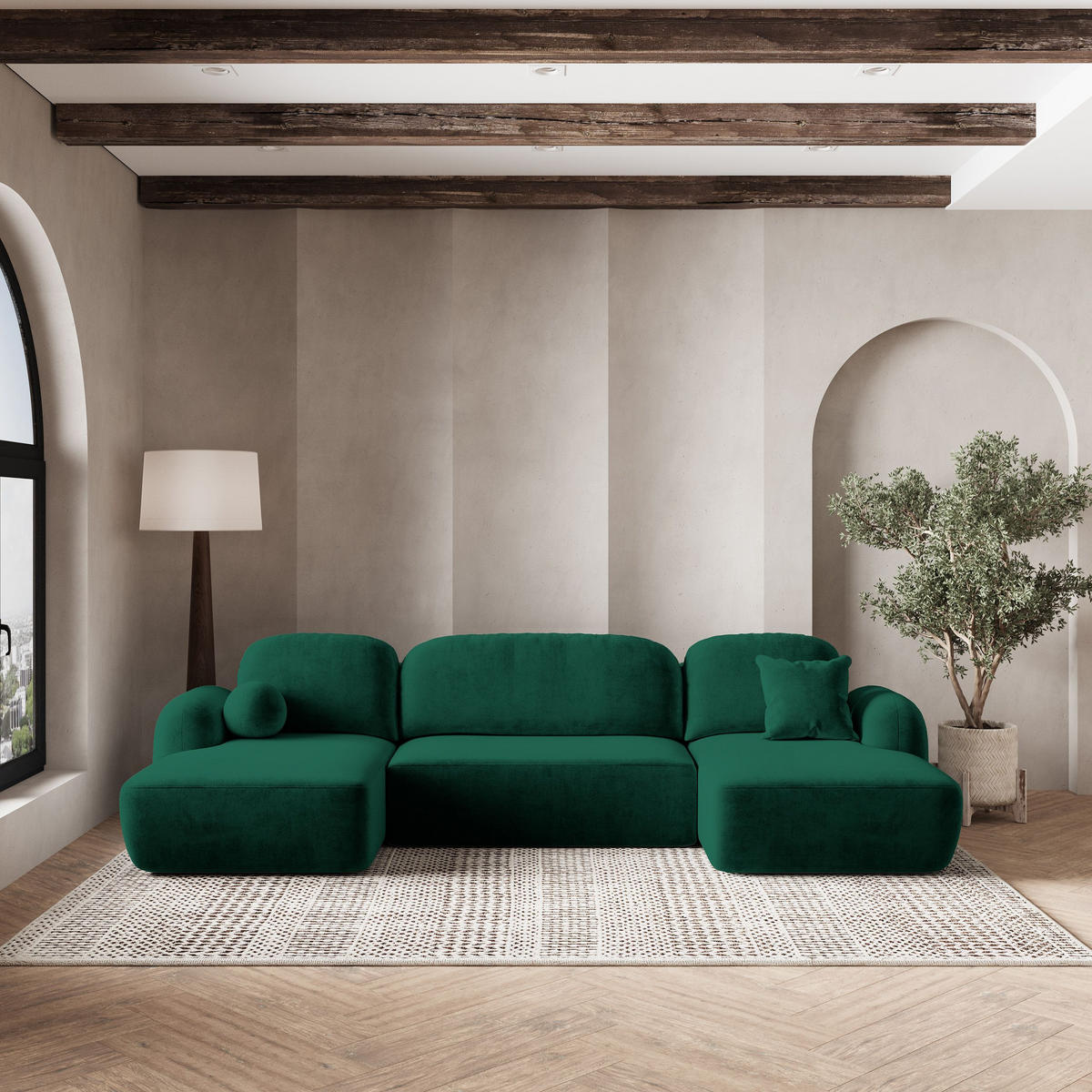 ROHOVÁ SEDAČKA SAVONA tmavě zelená - černá/tmavě zelená, dřevo/textil (320/148cm) - MASSENO