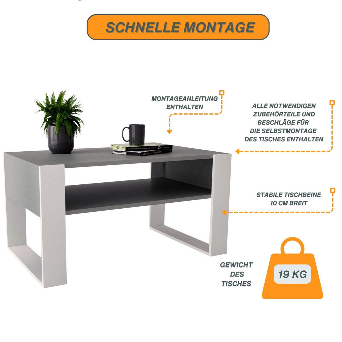 COUCHTISCH Karo92 92/45/53,6 - Dunkelgrau/Weiß, Holzwerkstoff (54/92/45cm) - RAUMHIRSCH FURNITURE