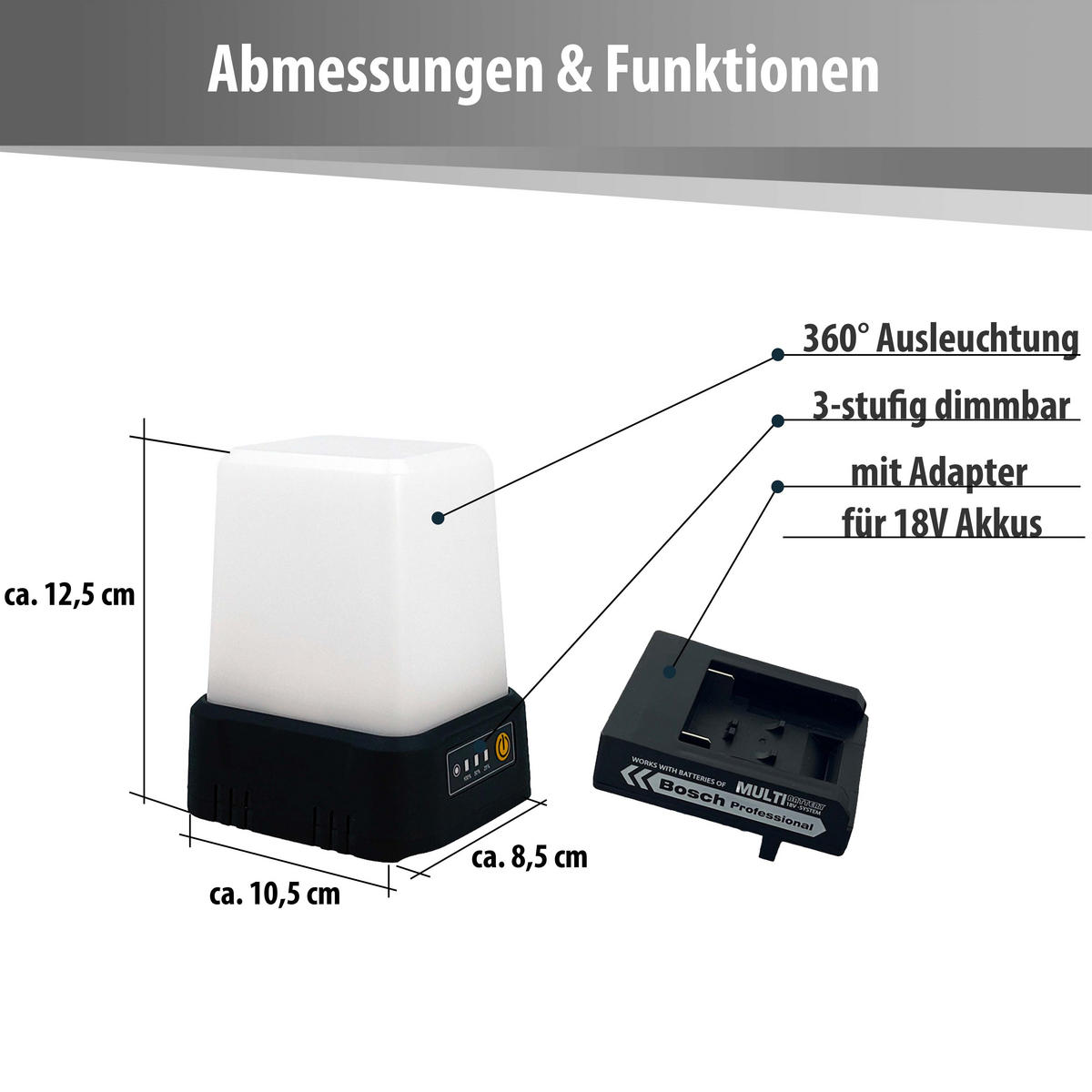 LED-ARBEITSLEUCHTE 360° 3-stufig dimmbar 1600lm mit Adapter für 18V Bosch Akkus - Schwarz, Kunststoff (10.4/8.6/13.8cm) - Northpoint