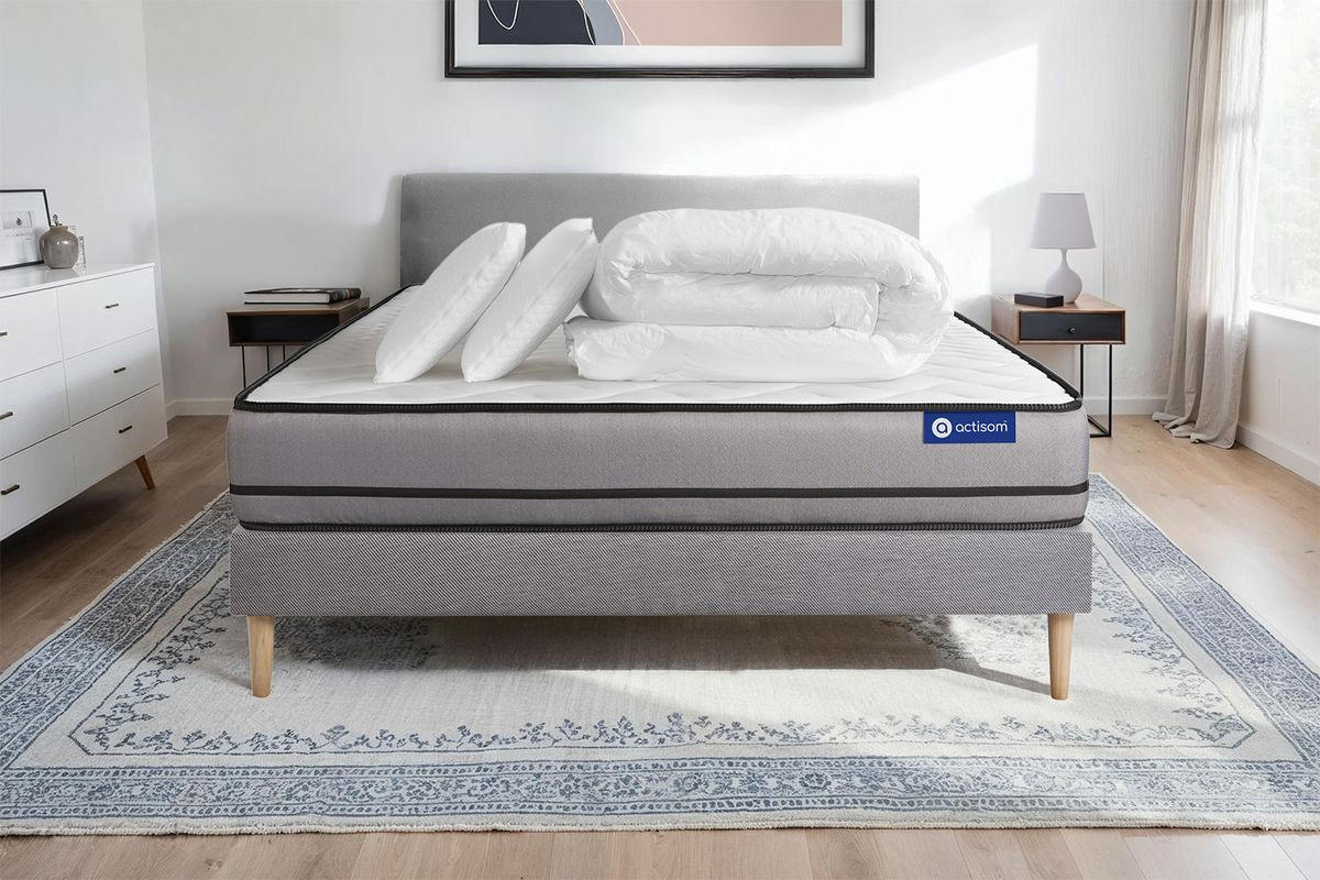 BETT Actimemo night Memory-Schaum 200 x 200 cm h4 - Kit Bettgestell Grau - Mit Kissen und Bettdecke - Beige/Grau, Karton/Holz (200/200cm) - ACTISOM