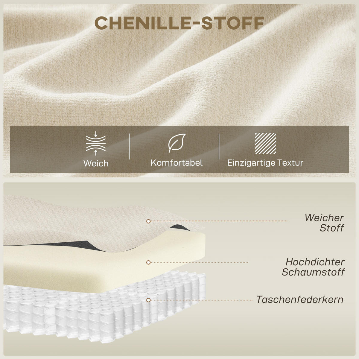 3-SITZER-SOFA Polyester Cremeweiß - Creme, Textil (106/82/260cm) - HOMCOM