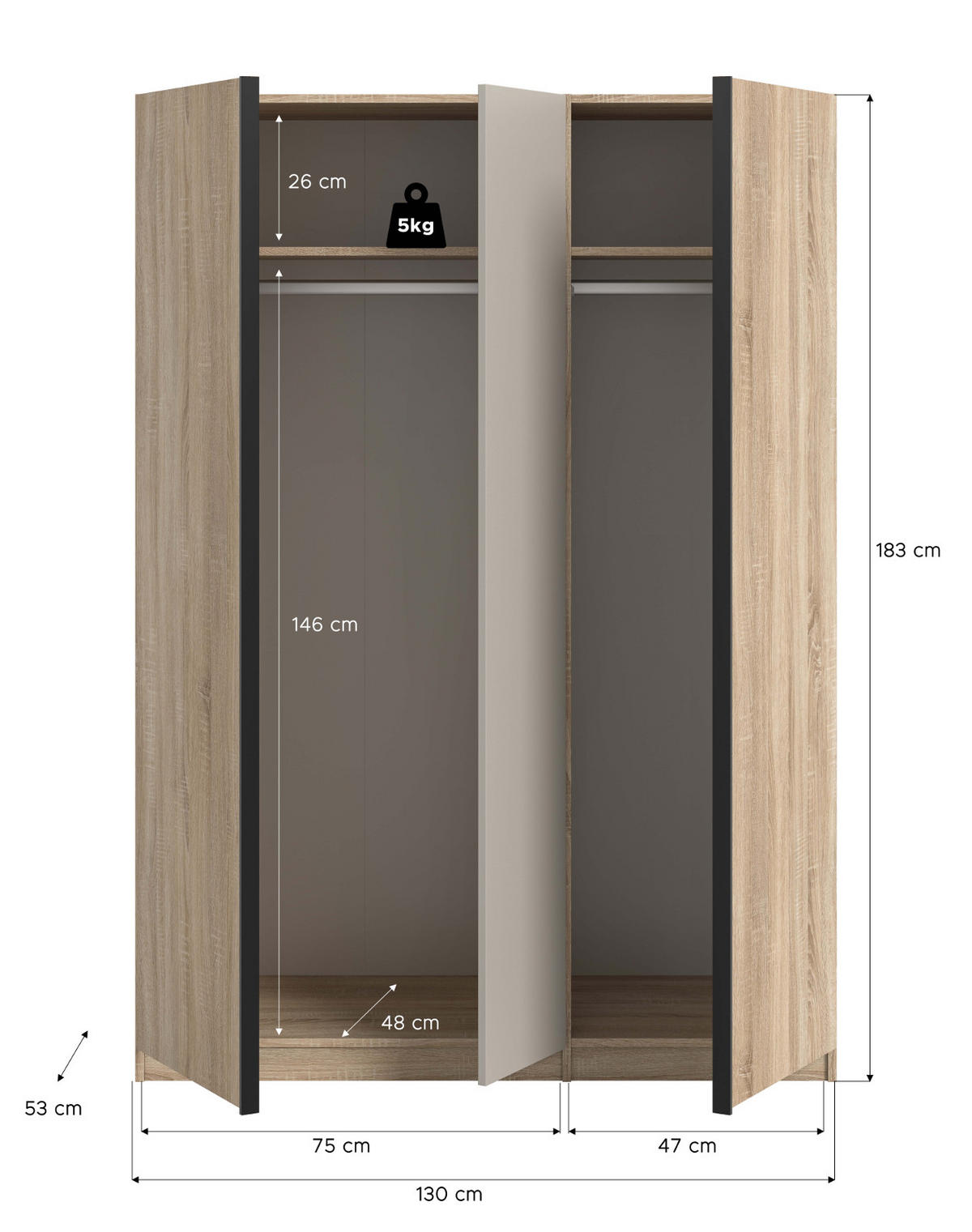 KLEIDERSCHRANK Eiche Sonoma, Kaschmir 3-türig 130 x 183 cm, Drehtürenschrank inklusive Kleiderstangen - Kaschmir/Eichefarben, Holzwerkstoff/Kunststoff (130/183/53cm) - Inn.Furn