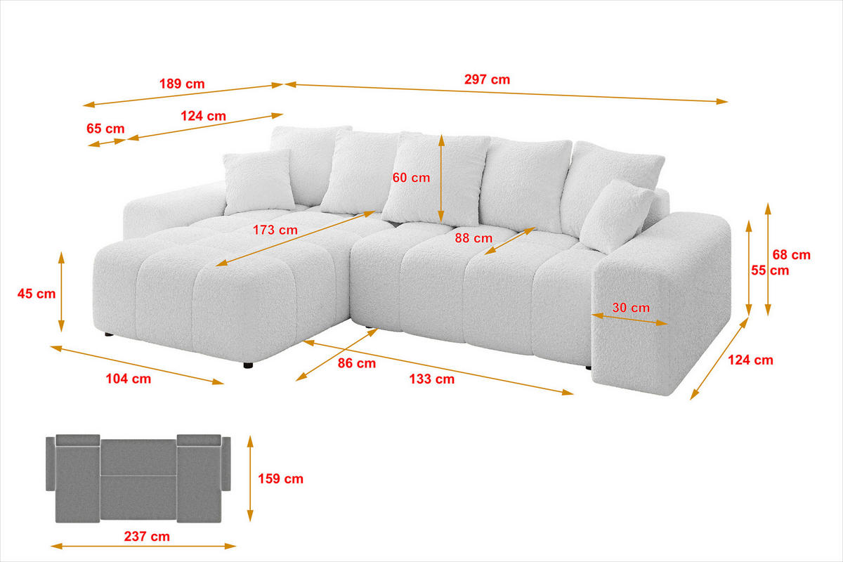 ECKSOFA Ottomane links ENIL-L 297x189x68 Weiß Bouclé - Weiß, Holzwerkstoff/Kunststoff (297/189cm) - ALTDECOR