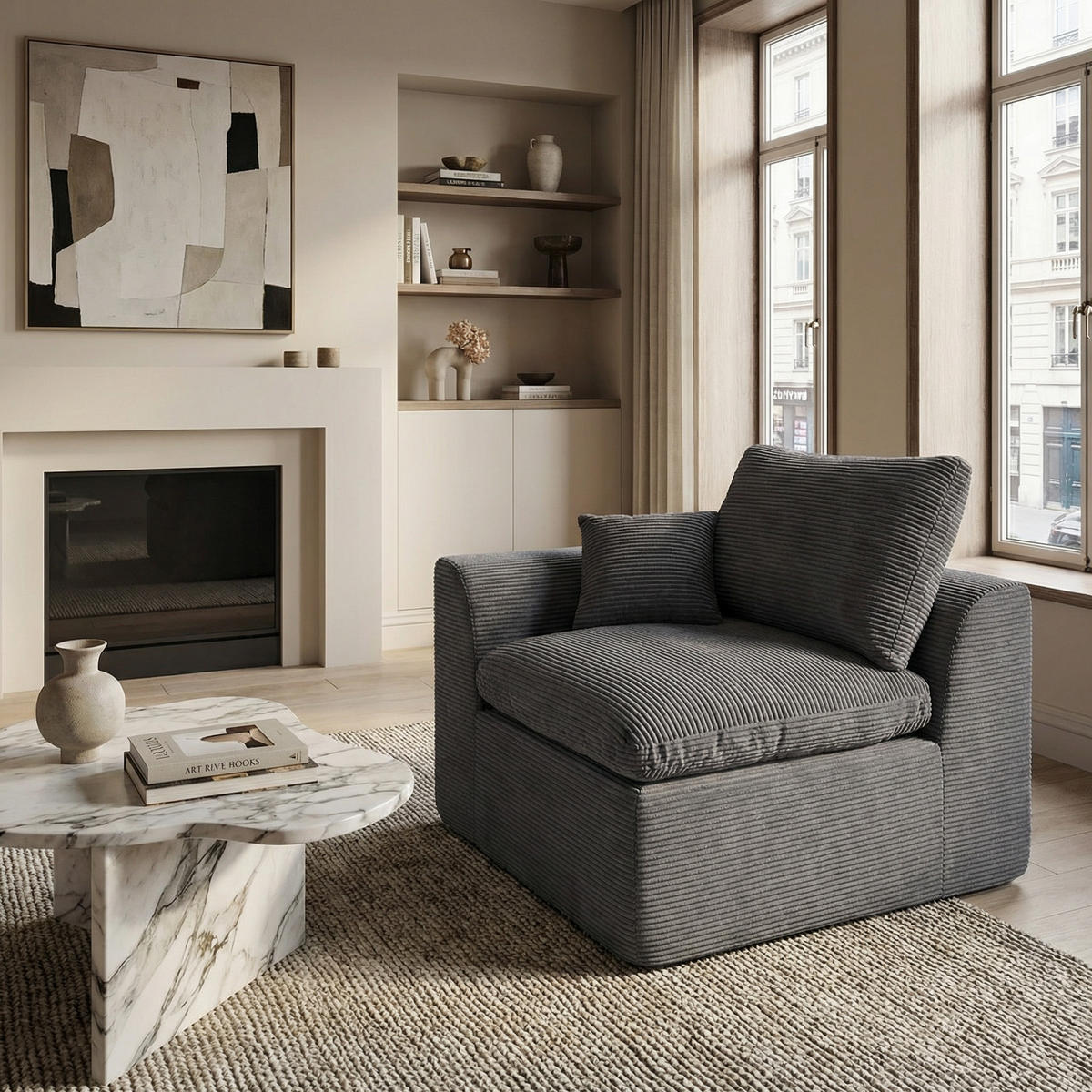 SESSEL Cord-Sofa mit Federkern-Polsterung und Kissen, Montagefrei - Dunkelgrau, Textil (101/84/102cm) - Urban Meuble