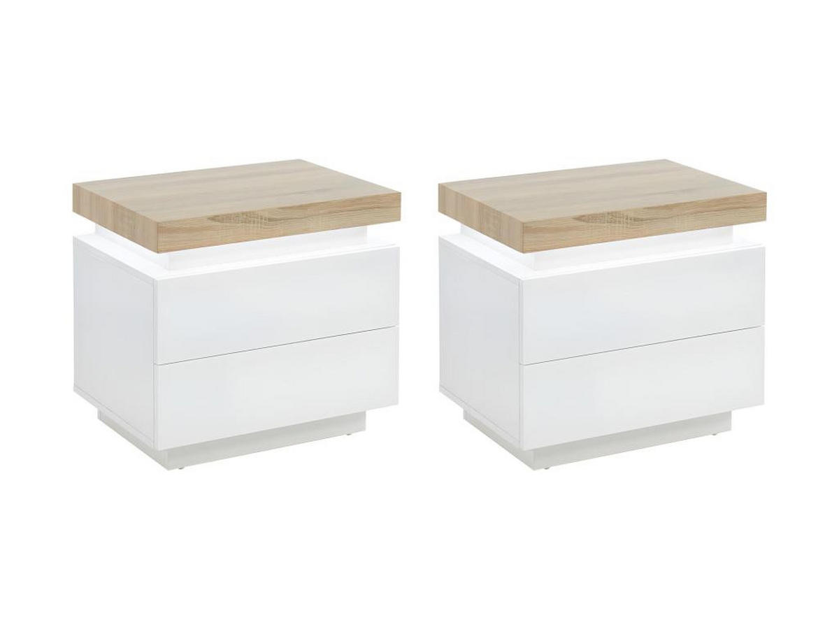 2ER-SET Nachttische mit 2 Schubladen & LEDs - MDF lackiert - Weiß & Eichefarben - HALO II - Naturfarben, Holz (40/50/55cm) - Vente-Unique