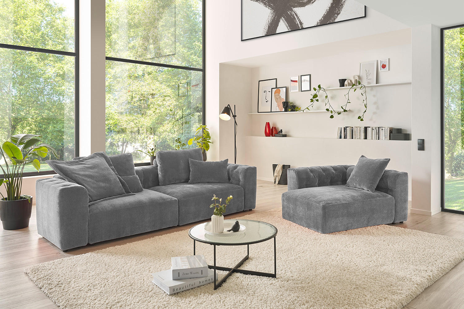 SOFA SITZELEMENT SEPHI Grau Cord - Schwarz/Grau, Kunststoff/Textil (107/62/27cm) - KAWOLA