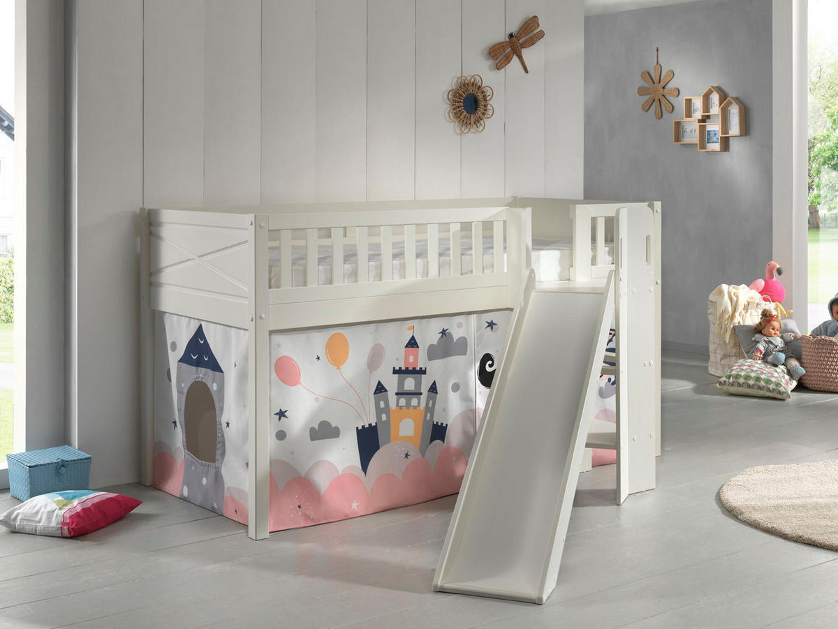 HOCHBETT mit Rutsche Karyl Holz Weiß Textilset Princess Sophie - Magnolie/Weiß, Holz (90/200cm) - 58aufmkessel