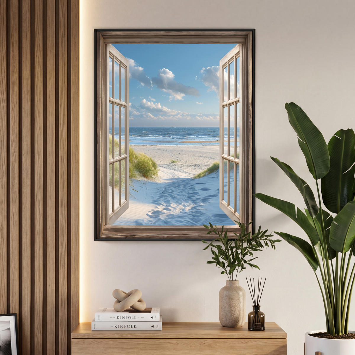 LEINWAND Bilder mit Rahmen - Aussicht - Strand - Fenster - Dünen - Meer - 70x100 - Hellblau, Textil (70/100cm) - MuchoWow