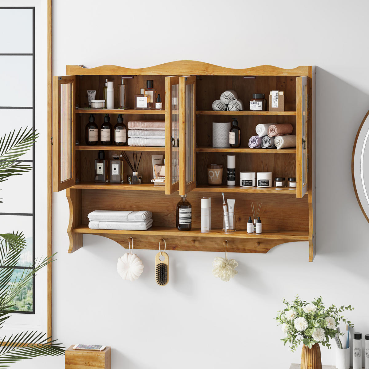 KÜCHENOBERSCHRANK 100/20/80 cm aus Massivholz und Glas mit 4 Türen und Hakenleiste Natur - Naturfarben, Holz (100/80/20cm) - Modenvie