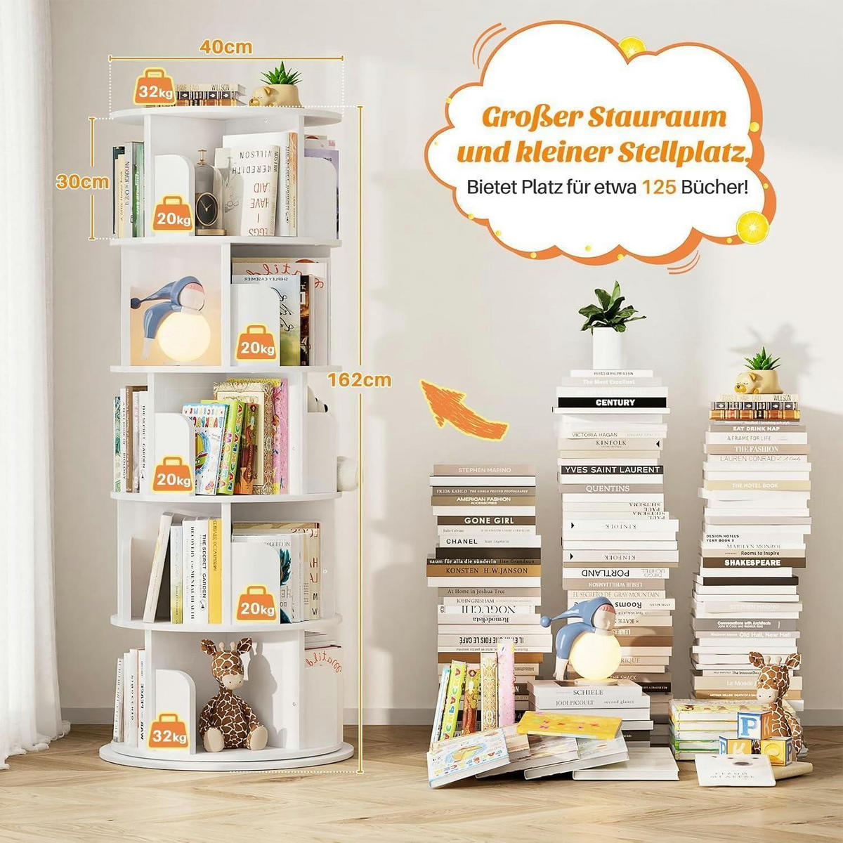 DREHBARES Bücherregal 5-stöckig weiß - Weiß, Holzwerkstoff (40/160/40cm)
