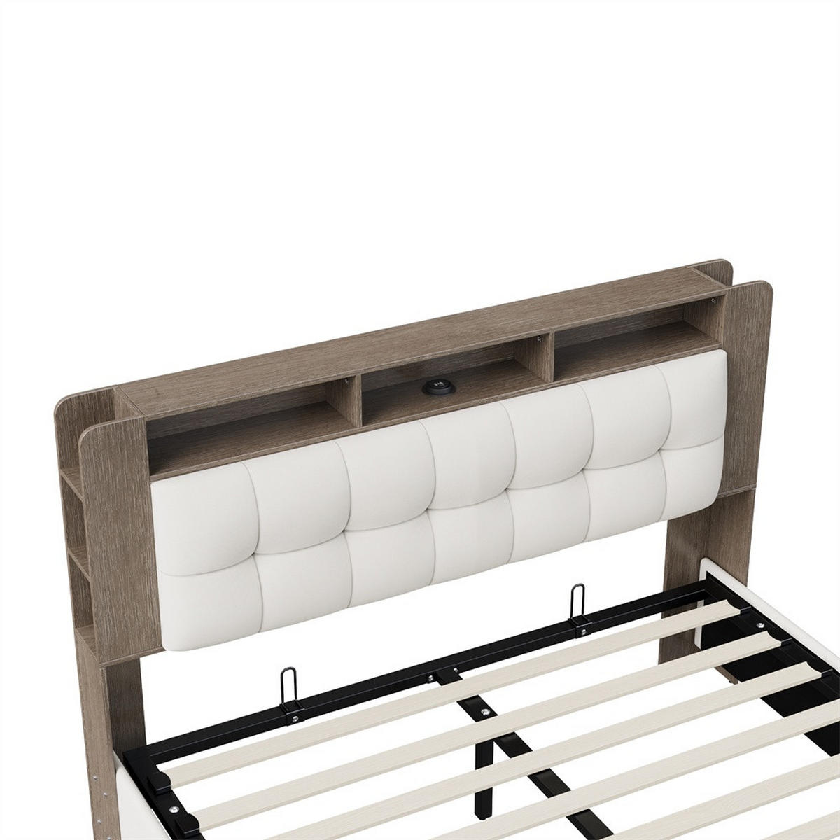 POLSTERBETT 140x200 cm - mit LED-Ablagekopfteil und hydraulischem Bettkasten - ohne Matratze - Off-White - Creme, Textil (140/200cm) - DELFA