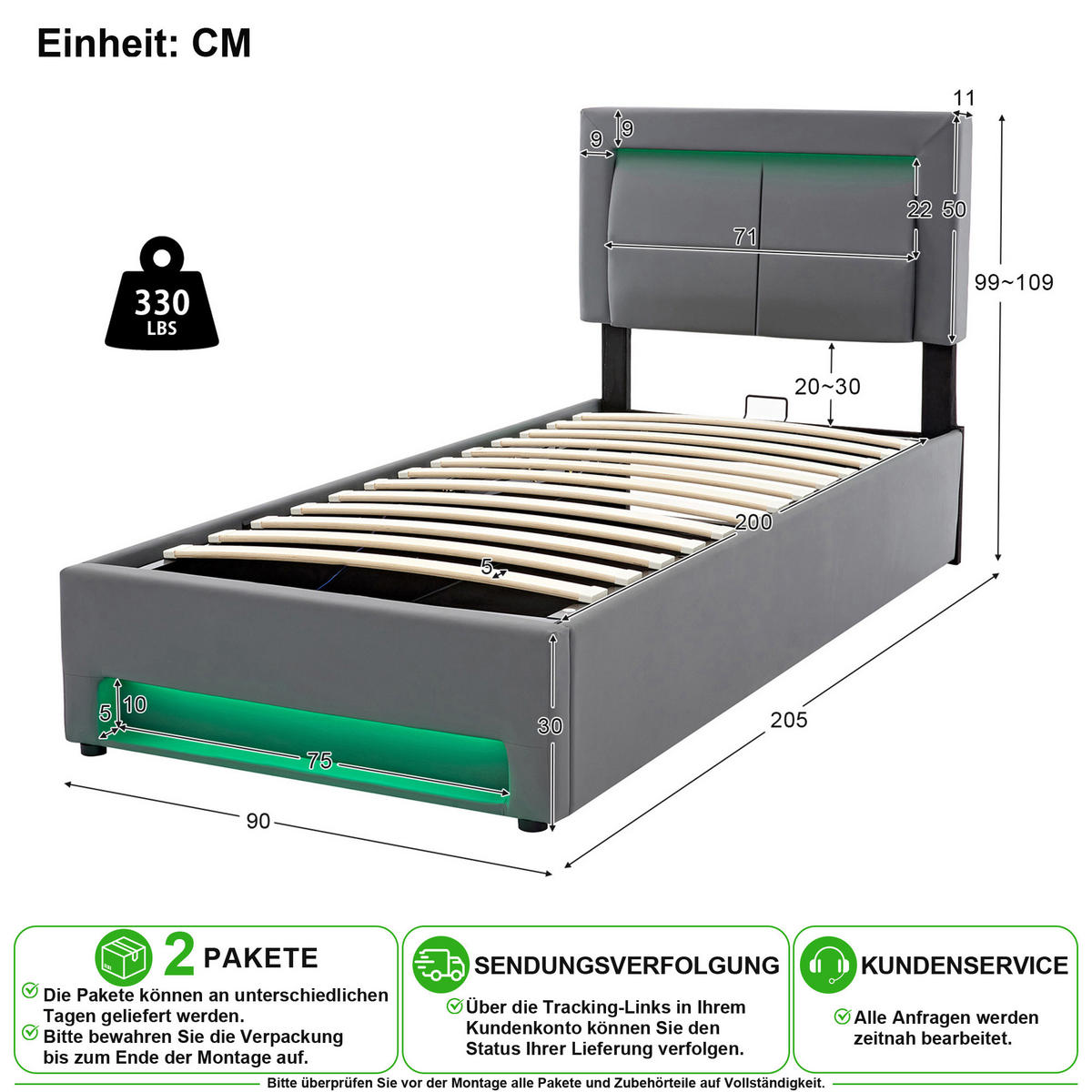 POLSTERBETT 90/200 cm in Grau mit Stauraum, LED und USB Kunstleder - Grau, Holzwerkstoff/Textil (90/200cm) - CHICFURN