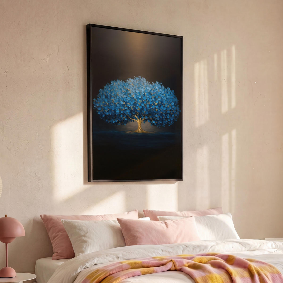 LEINWAND Bilder mit Rahmen - Baum - Blau - Blätter - Pinselstriche - 80x120 - Blau, Textil (80/120cm) - MuchoWow