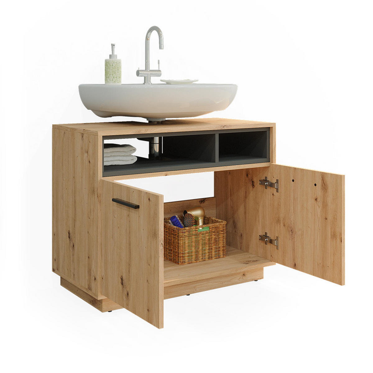 WASCHBECKENUNTERSCHRANK Beatrice Artisan Eiche/Anthrazit 80 x 64 cm - Eiche Artisan, Holzwerkstoff (80/64/40cm) - Vicco